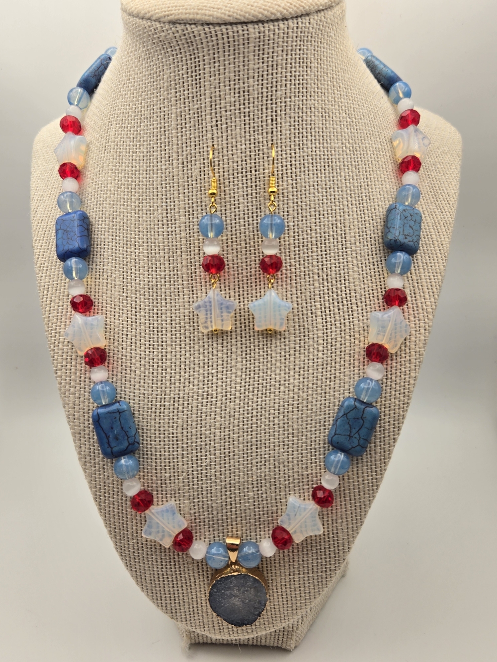 Blue and Red Necklace with Matching Earrings- Opal Stars And Druzy Pendant